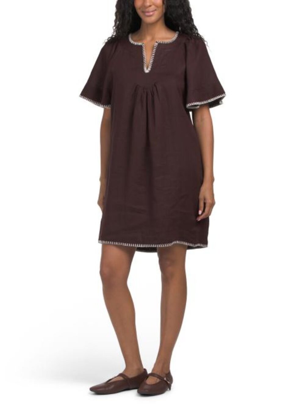 NWT Hemisphere Brown Linen Blend Embroidered Trim Midi Dress Size Medium